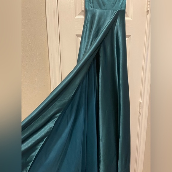Satin Strapless Corset Back Special Occasion Dress Gown Size 2 Front Slit Green - Picture 3 of 10
